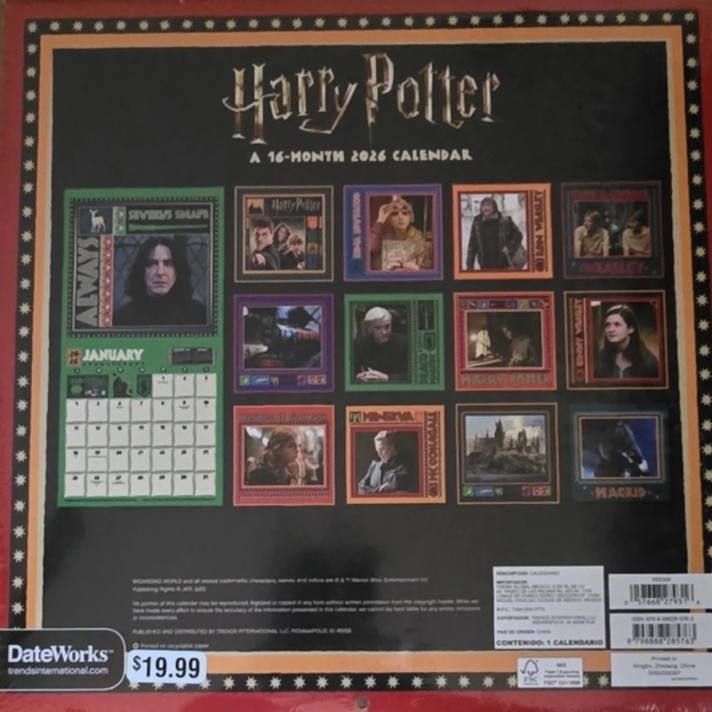 2026 Harry Potter Calendar 16 Month Wizarding World Hogwarts Hermione Ron Gift